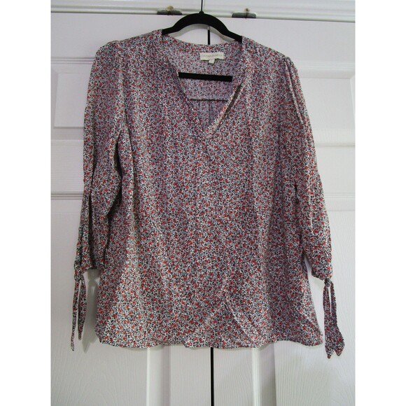 Cynthia Rowley Blouse Womens Large Floral V Neck 3/4 Sleeve Tie Lightweight - Picture 1 of 12